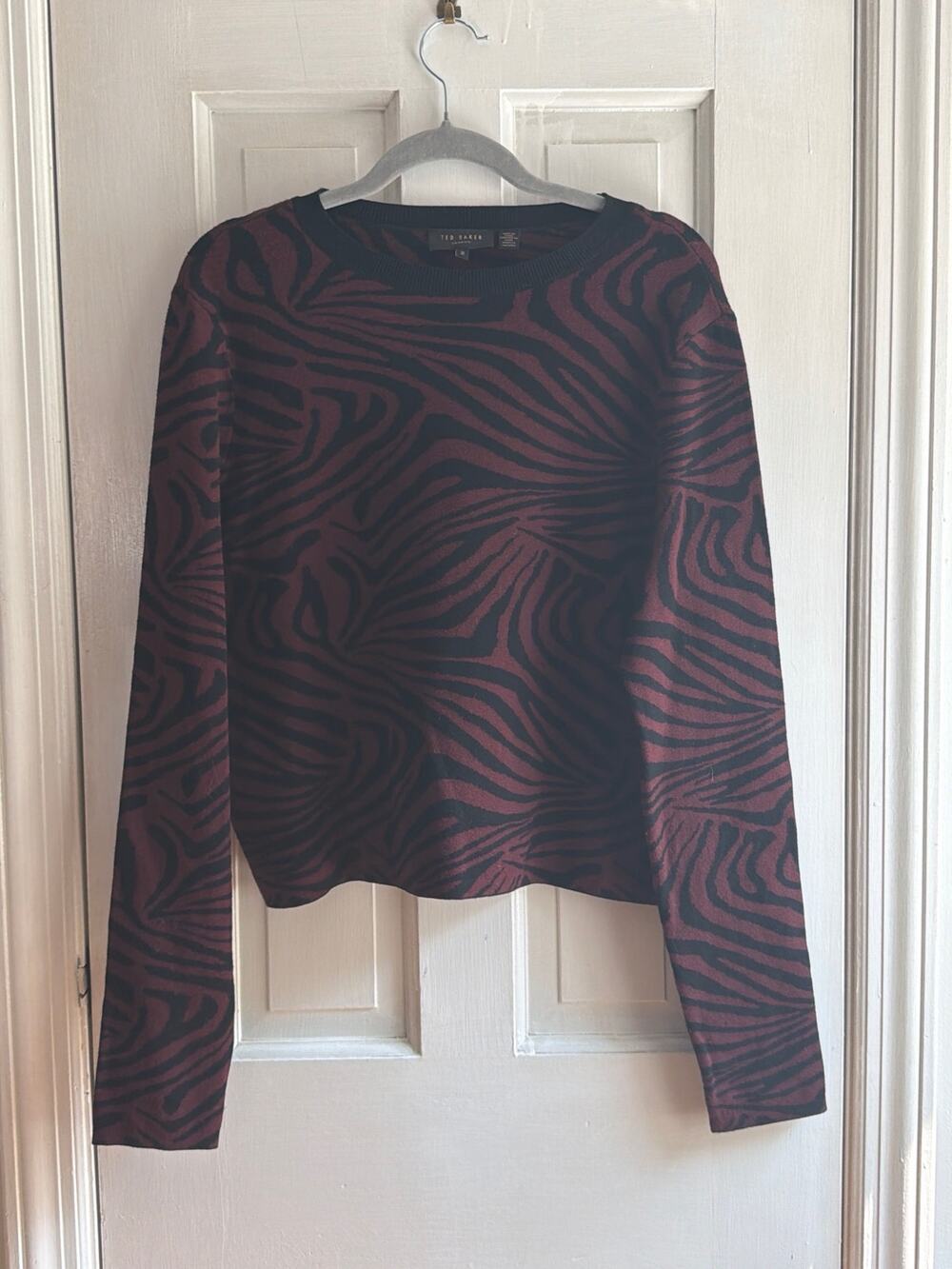 Ted Baker London Zebra Animal Print Knit Sweater Burgundy Black Size 2 M